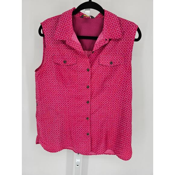 Eddie Bauer Women's Pink Collared Button Down Dot Print Sleeveless Top Size L - Picture 1 of 5
